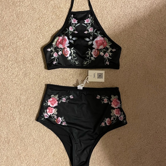 NWT Cupshe Black Floral High Waisted Bikini Size Small. - Picture 4 of 13